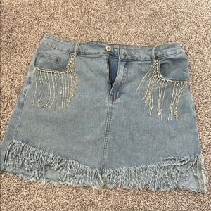 Denim Fringe Skirt with Beaded Accents